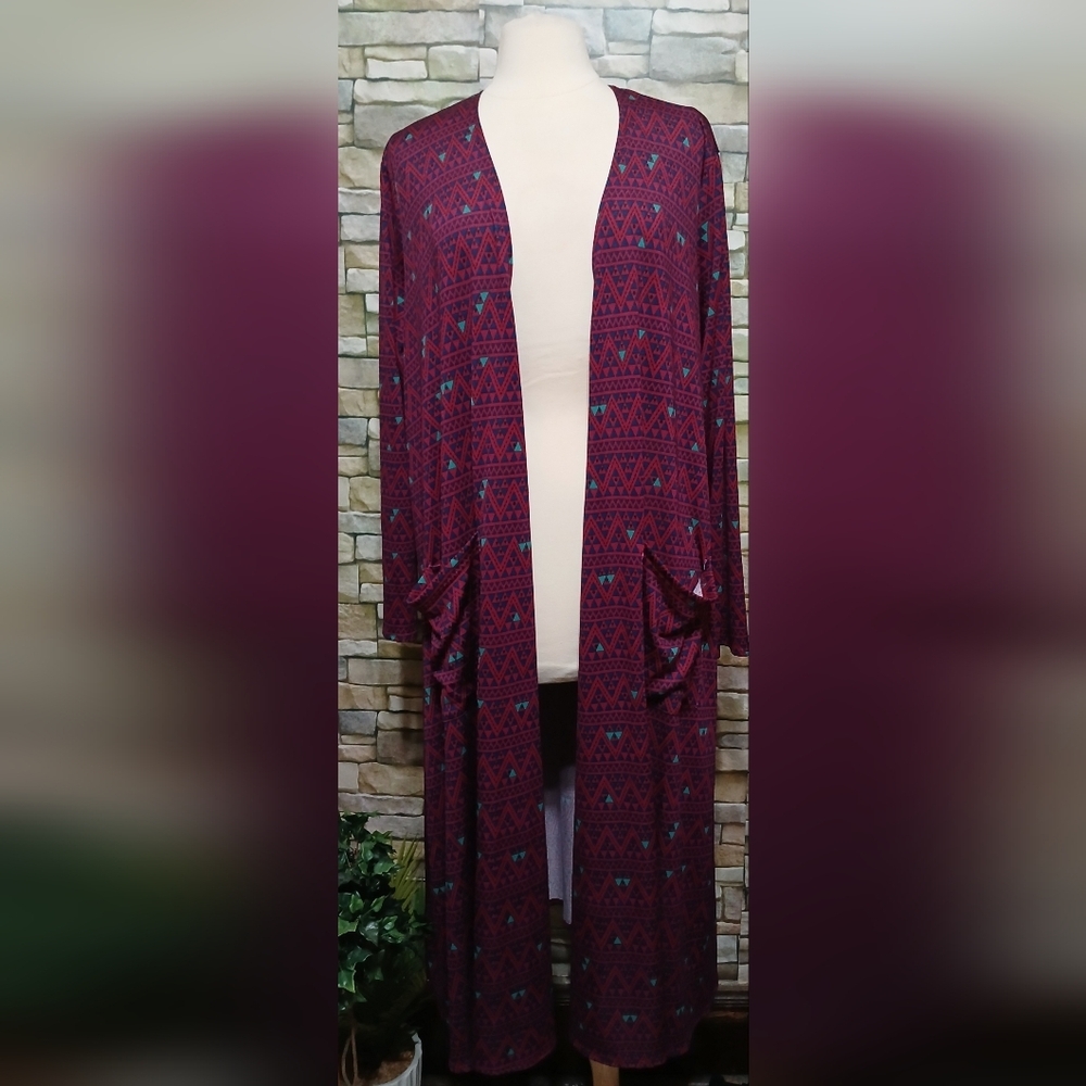 LuLaRoe Sarah Duster Cardigan XL Red Blue Long Open Front Pockets